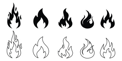 Fire Flame icon vector set. Silhouette of  fire icon, flame, campfire, bonfire, flame sign, burning sign. Vector illustration.