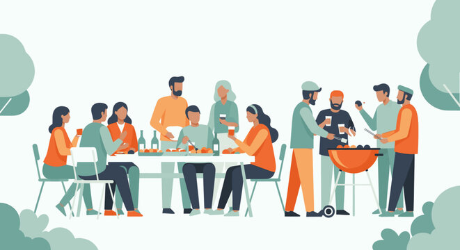 Diverse group of people enjoying a summer barbecue party in a park with city skyline in the background