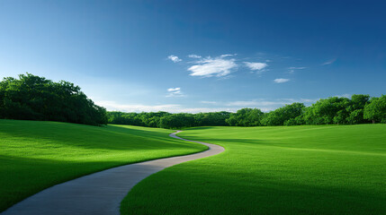vast expanse of lush green grass stretches under clear blue sky, with winding path exploration through vibrant landscape