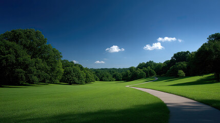 vast expanse of lush green grass stretches under clear blue sky, with winding path exploration through landscape