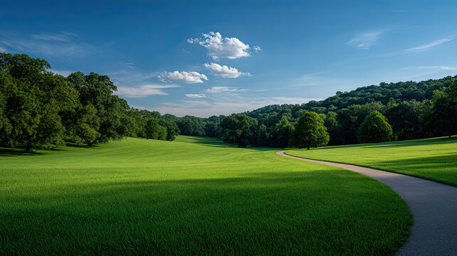 vast expanse of lush green grass stretches across landscape, with winding path leading through scenery. vibrant trees and blue sky create peaceful outdoor setting