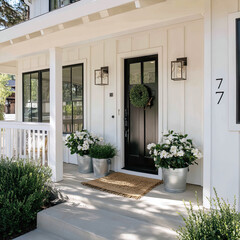 white front porch features black trimmed door adorned with wreath, flanked by potted white flowers in metal containers. welcoming space is enhanced by greenery and natural mat