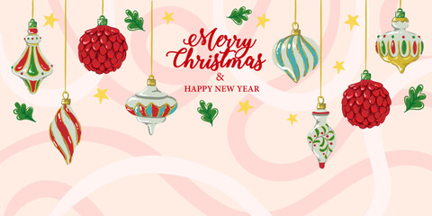 Christmas banner with xmas decoration ornament, Christmas background, card, frame vector illustration, drawing Happy Holiday, Can be used for Christmas gifts, decorations etc	