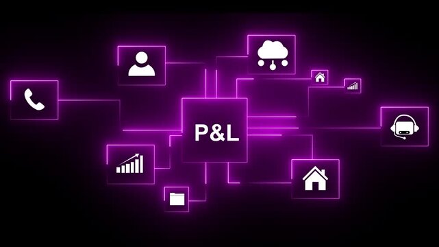 Cloud P&L network diagram with glowing neon icons for business growth customer service teamwork and cyber security on black background.4K Animation motion video..