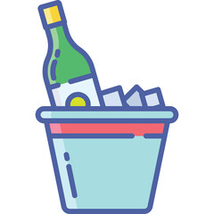 Illustration of a Green Bottle of Wine Chilling in a Light Blue Ice Bucket with Red Band and Ice Cubes on a Transparent Background