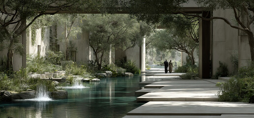 peaceful outdoor area featuring water features, trees, and pathways. environment invites relaxation and connection with nature, perfect for leisurely strolls