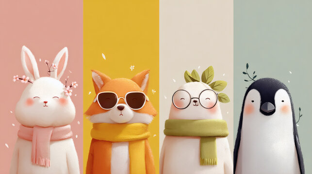 A charming lineup of four cute cartoon animals: a rabbit, fox, bear, and penguin, each against a colorful pastel background.