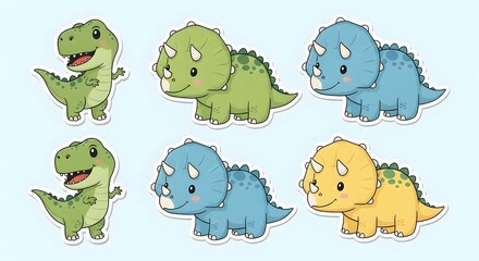 Collection of cute cartoon dinosaurs in various colors with playful expressions on a light background