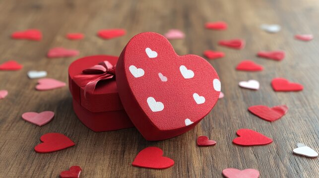 red heartshaped gift box with ribbon and scattered hearts on wood  