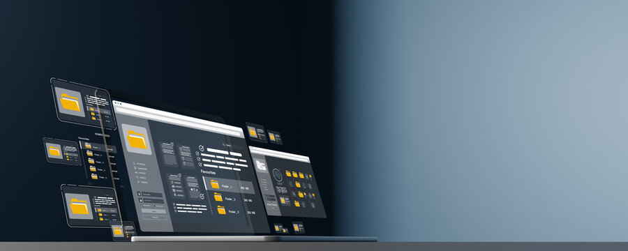 Modern digital file management system concept with floating folders and computer screen interface on blue background.