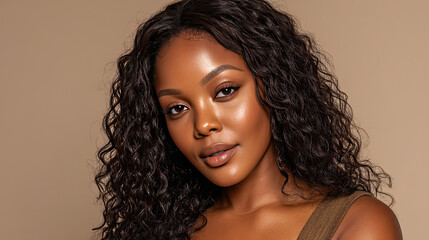 beautiful young African woman with curly hair, wearing stylish outfit, poses confidently against neutral background. Her radiant skin and expressive features convey sense of elegance and poise