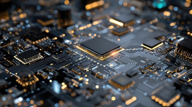 closeup view of a complex electronic circuit board with glowing components