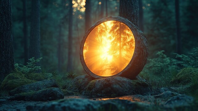 Circular stone portal in a sunlit forest