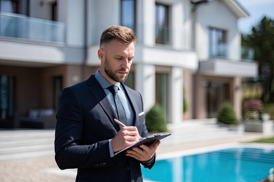 handsome real estate agent  in suit is writing on notepad by luxurious poolside, modern home in background. scene conveys professionalism and elegance