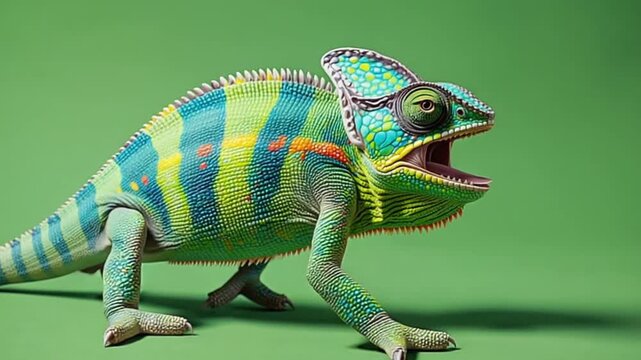 Close up of a colorful chameleon with its mouth open on a green background studio shot chameleon green screen video