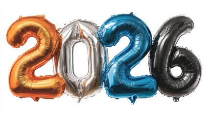 2026 metallic number balloons in orange silver blue and black on white background festive decoration for events and celebrations