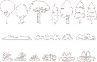 Create your dream garden with these charming line art elements for landscape designs architectural drawing