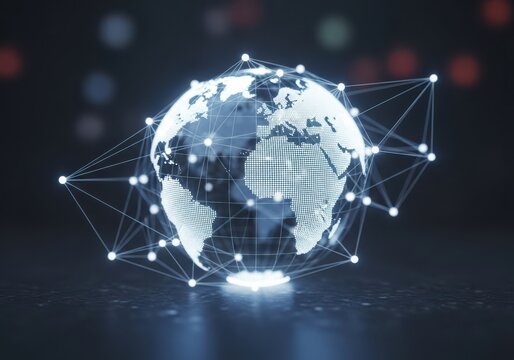 A glowing digital globe with a network of connections, symbolizing global communication and technological advancement in a dark environment - Powered by Adobe