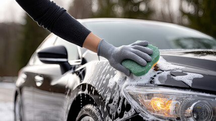 person is cleaning black car with sponge, creating foam and bubbles. scene captures attention to detail and care in maintaining vehicle appearance