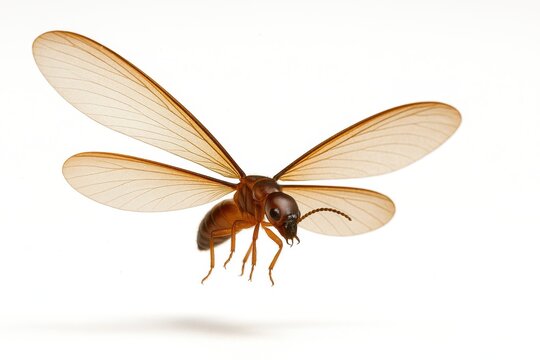 Winged termite alate mid air glide with translucent forewings spread wide and a few dust motes suspended on white