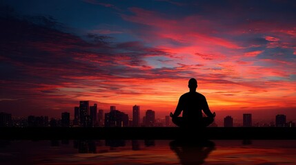 silhouette of man meditating at sunset urban yoga and cityscape background