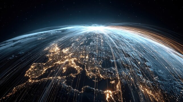 a digital representation of earth showcasing glowing data lines and city lights illustrating technology and global connectivity - Powered by Adobe