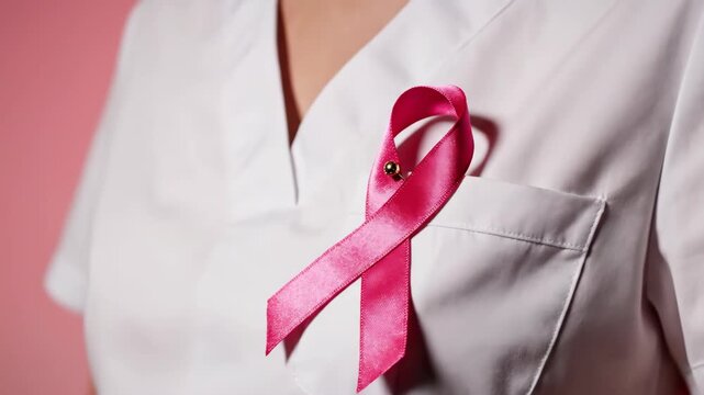 Close-up of a person wearing a white shirt with a pink breast cancer awareness ribbon pinned on the chest against a pink background.
