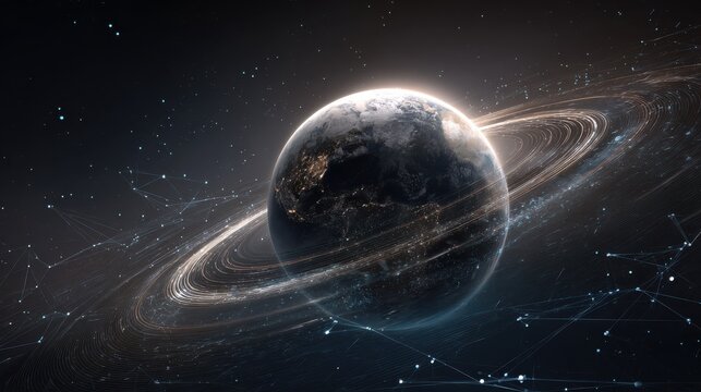 earth in space with glowing rings and network lines