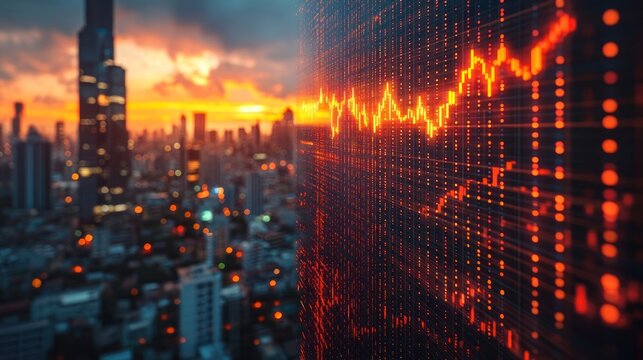 City skyline backdrop with a large digital display showing a downward trending graph in orange/red