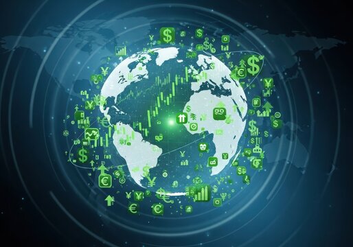 Global finance and investment concept with world map, currency symbols, and stock market charts, representing international trade - Powered by Adobe