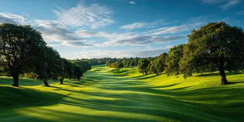Lush golf course landscape with vibrant green grass and trees under bright afternoon sunlight. scene evokes sense of peace and natural beauty