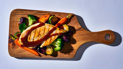 Delicious grilled chicken breast with colorful roasted vegetables served on a rustic wooden cutting board with a drizzle of sauce