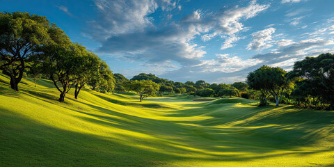 lush golf course under bright afternoon sunlight, featuring rolling green hills and scattered trees, creates vibrant and landscape for outdoor enthusiasts