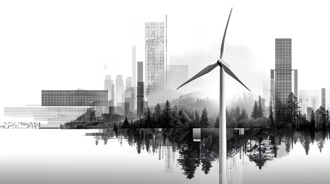 Wind turbine sustainable city renewable energy forest fog skyline halftone monochrome eco design clean power. Wind turbine stands before foggy forest and geometric skyline, blending sustainable