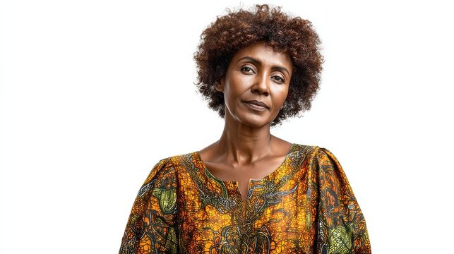 mature african american woman with elegant afro hairstyle looking confidently wearing traditional print dress on isolated white background