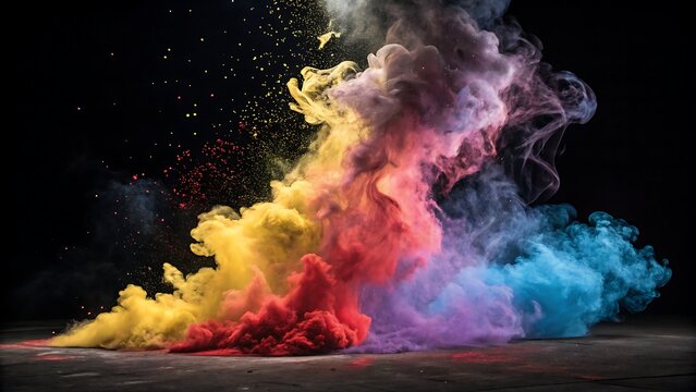 An explosion of vibrant colors in a dynamic powder cloud against a dark background, creating a visually stunning and energetic display of pigment - Powered by Adobe