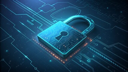 A futuristic digital padlock, symbolizing cybersecurity and data protection, glows with blue light against a circuit board background, representing secure network and encryption technology