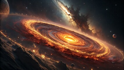 Spectacular view of a swirling galaxy with vibrant colors and celestial dust, showcasing the beauty and vastness of the universe in a cosmic display