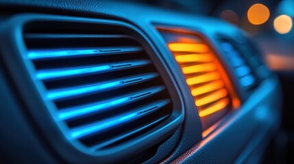 Close-up car vents lit blue & orange