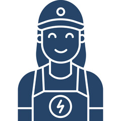 Illustration of a happy woman wearing a blue cap and overalls with a lightning bolt symbol in a circle on her chest representing electrical work or power industry on a transparent background