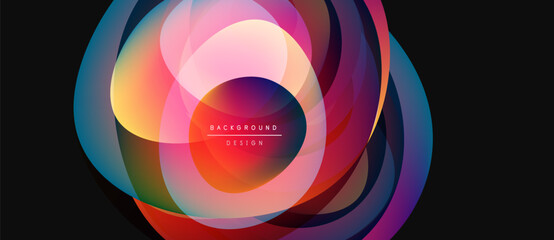 Fototapeta premium Abstract colorful layers create dynamic circular design. Vibrant gradients blend, forming modern background element. Text reads background design.