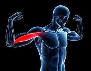 Digital medical illustration of a male torso with muscles highlighted in blue, skeletal structure visible, and the bicep shown in red