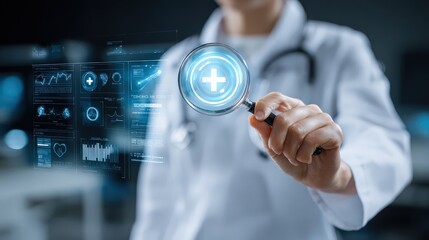 A healthcare professional holds a magnifying glass, examining digital health data displayed on a screen, symbolizing innovation in medical technology.