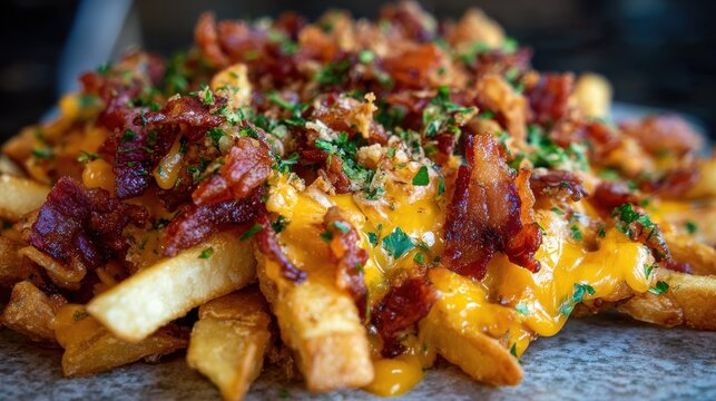 loaded cheese fries with crispy bacon crispy golden fries topped with melted cheddar crispy bacon and parsley garnish  a hearty shareable cheesy treat
