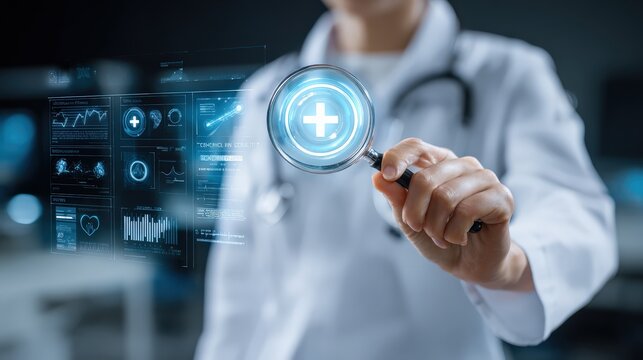 A healthcare professional holds a magnifying glass, examining digital health data displayed on a screen, symbolizing innovation in medical technology.