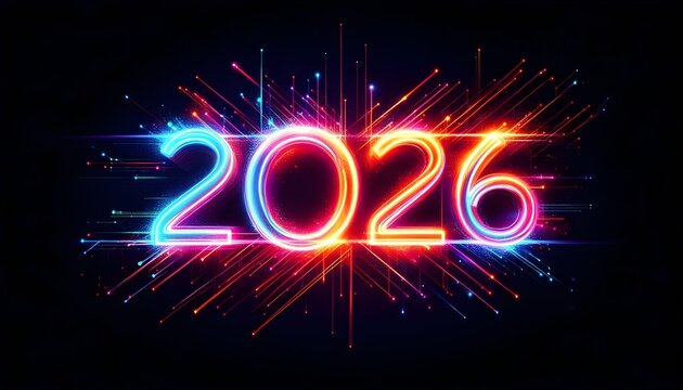 Futuristic glowing neon 2026 text with vibrant colors and radiating light rays. generative AI - AI generated