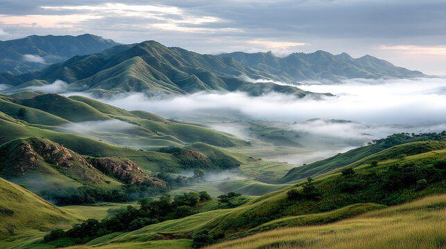 Misty valley rolling green hills mountain range low cloud morning light lush meadow serene landscape layered ridges rural scene natural beauty. Misty valley wraps rolling green hills as low cloud