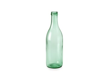 Empty green glass bottle with a long neck on a white background