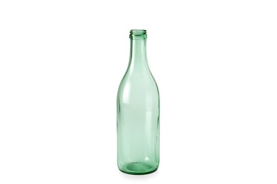 Empty green glass bottle with a long neck on a white background