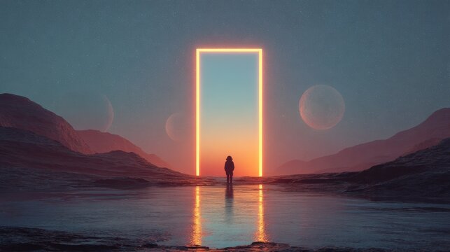 lone astronaut in front of portal with planets in neon scifi landscape - Powered by Adobe
